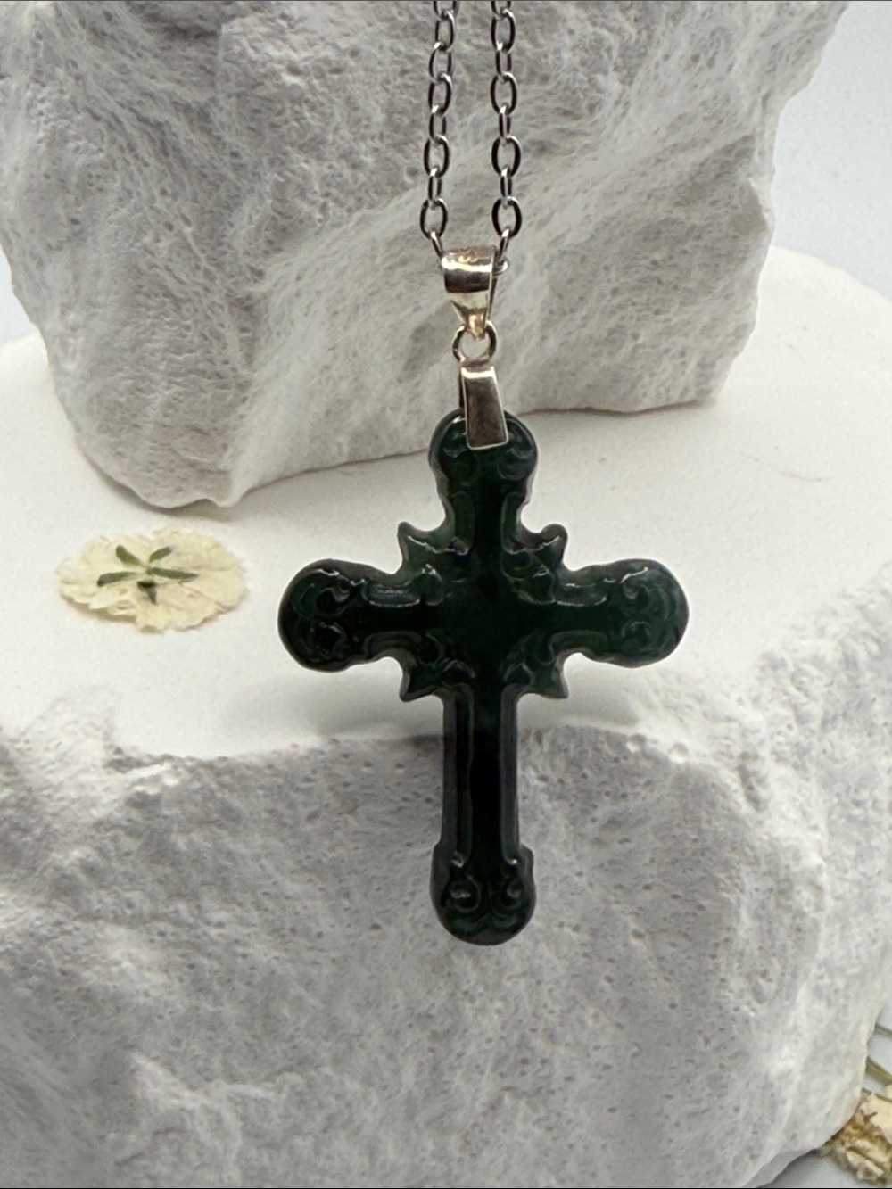 Dark Green Jade  Cross Pendant Necklace